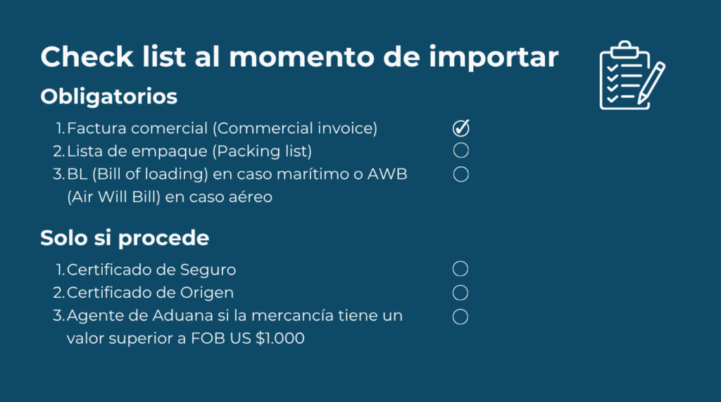 Check list de documentos y otros al momento de importar